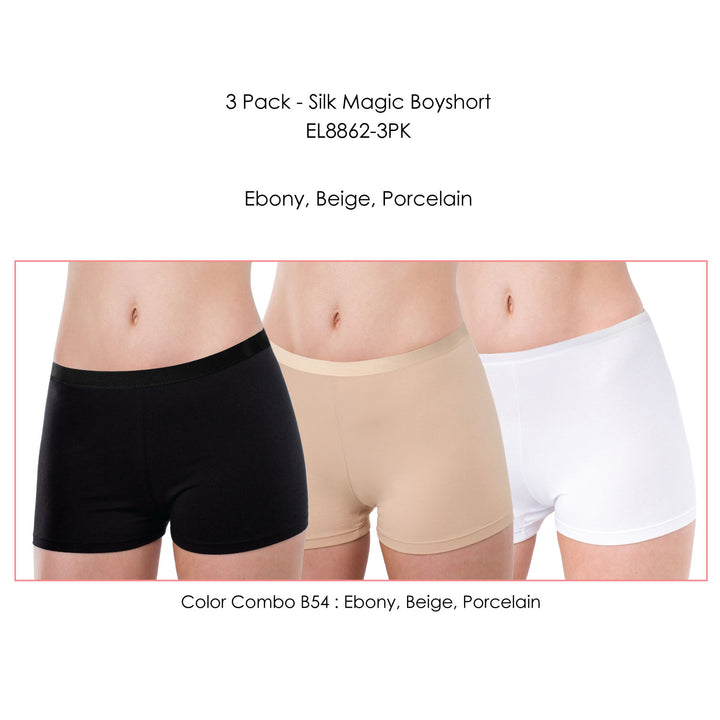 Elita 3 Pack Silk Magic Boyshort in Ebony, Beige, Porcelain